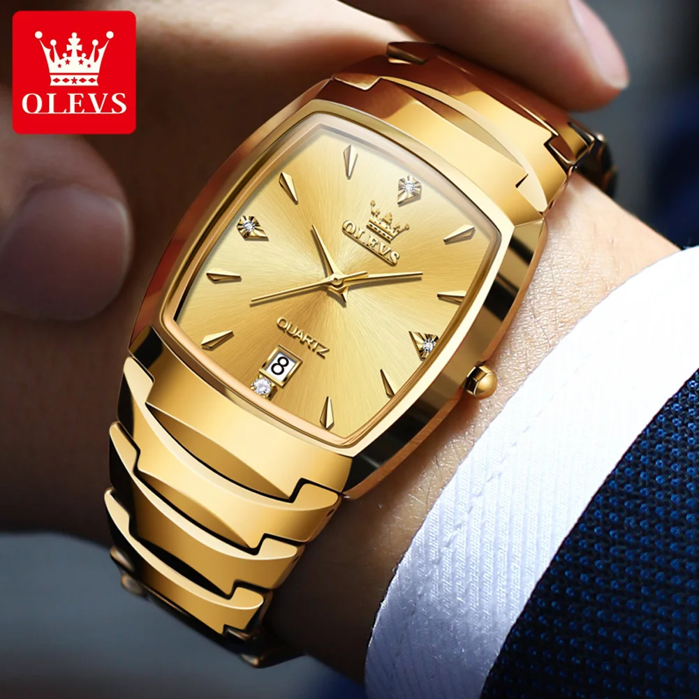 OLEVS 7006 Original Gold Men\'s Wristwatch Elegant Tungsten Steel Strap Square Quartz Watch for Men Auto Date Waterproof Watches