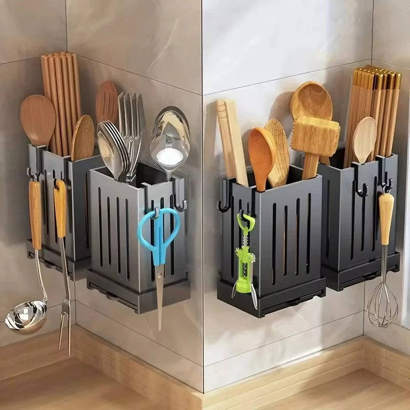 Punch-Free Kitchen Chopsticks Holder Multifunctional Hanging Utensil Drying Rack Hook No Drilling Wall Mounted Spoon Fork Holder