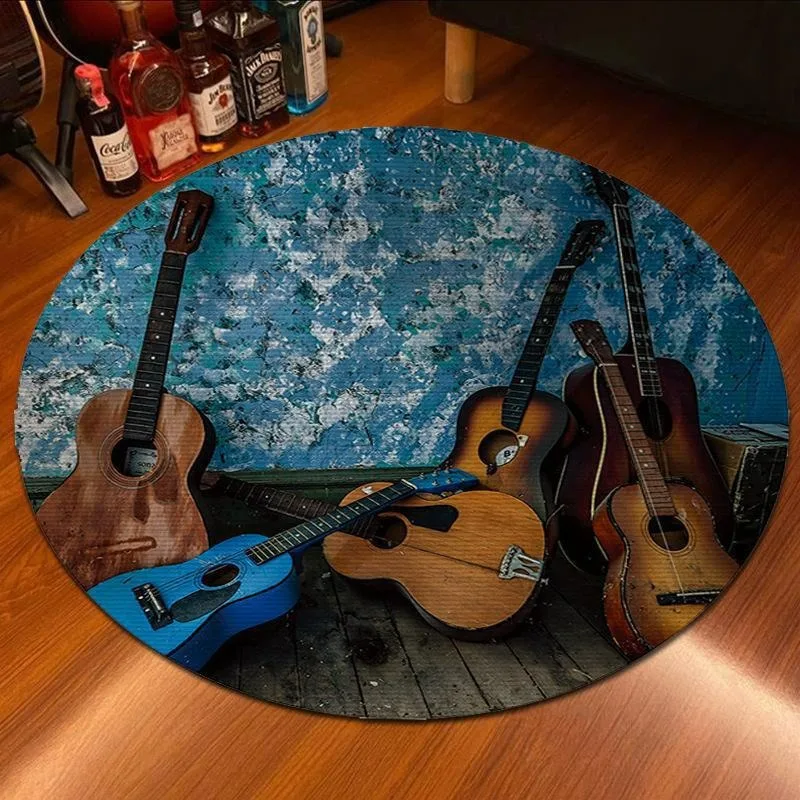 Modern Guitar Pattern Instrument Store Round Carpet Decoration Bedside Bedroom Non-slip Soft Rug Easy Clean Lint-free Floor Mats