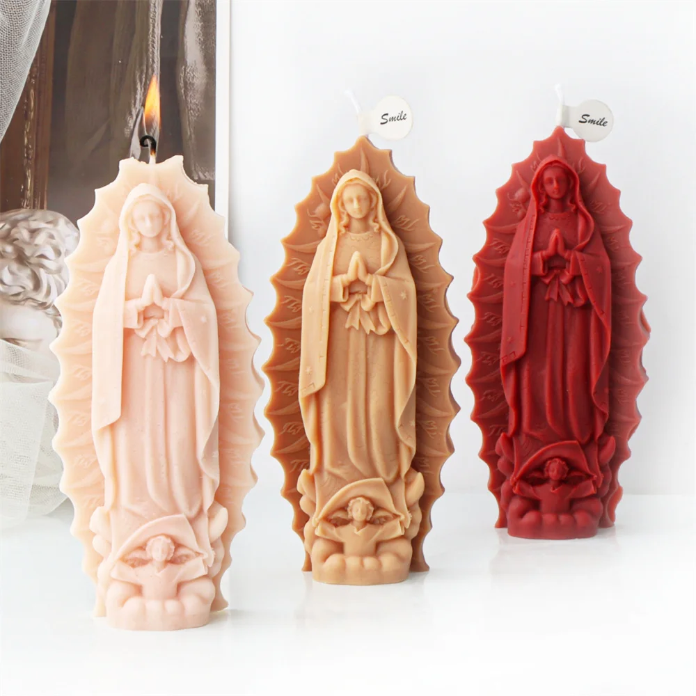 Virgin Mary Guadalupe Statue Candle Silicone Mold Catholic Blessed Virgin Mother Veiled Girl In Stone Figurines Candle Mould