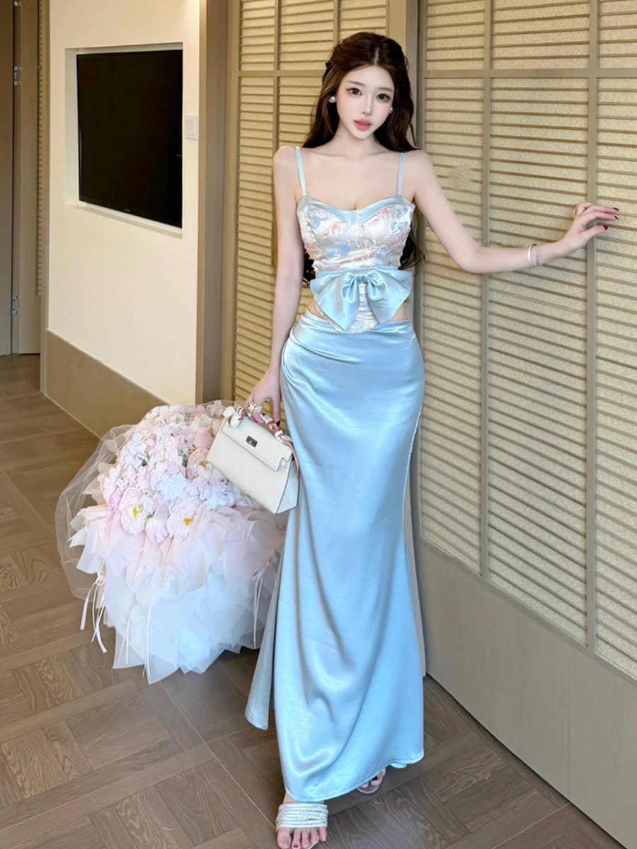

Sweet Knot Floral Strapless Vest Satin Wrap around Skirt Three Piece Set Women's Fashion Summer Outfit Ensemble