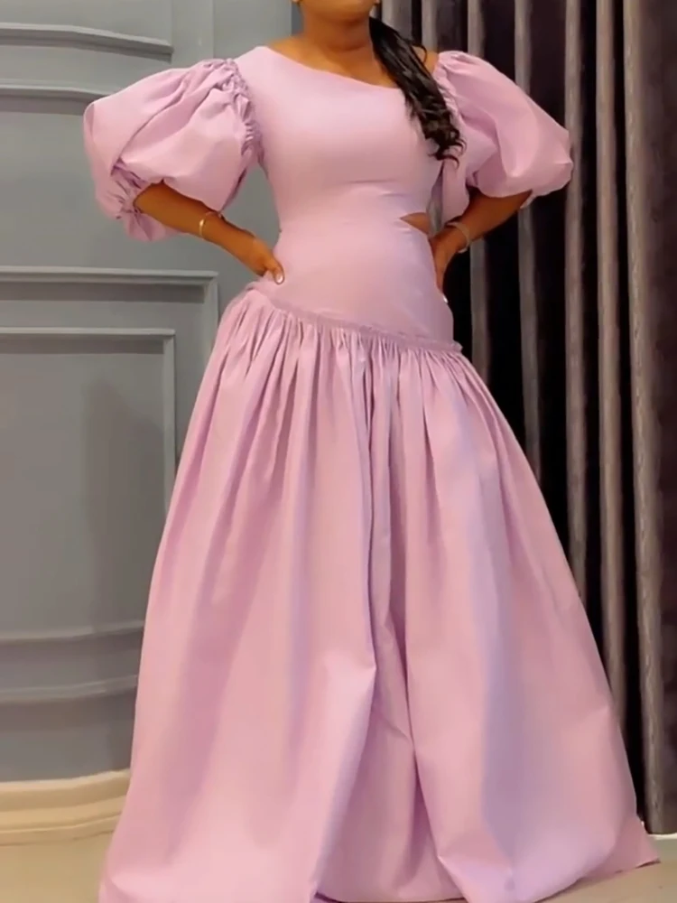 Fashion Autumn Banquet Dress Sexy Slanted Neck High Waist Solid Color Long Dress Puff Sleeves Design Hollow Out Women Prom Dress