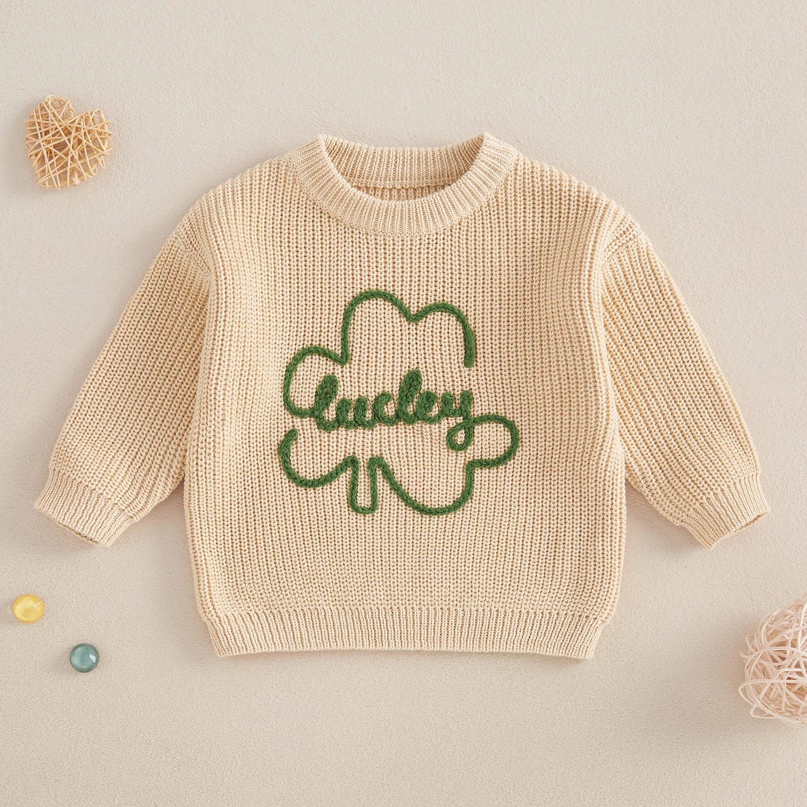 MISOWMNJOY Party Baby Girls Boys Knit Sweaters Warm Casual Long Sleeve Shamrock Embroidery Pullover Toddler Fall Spring Clothes