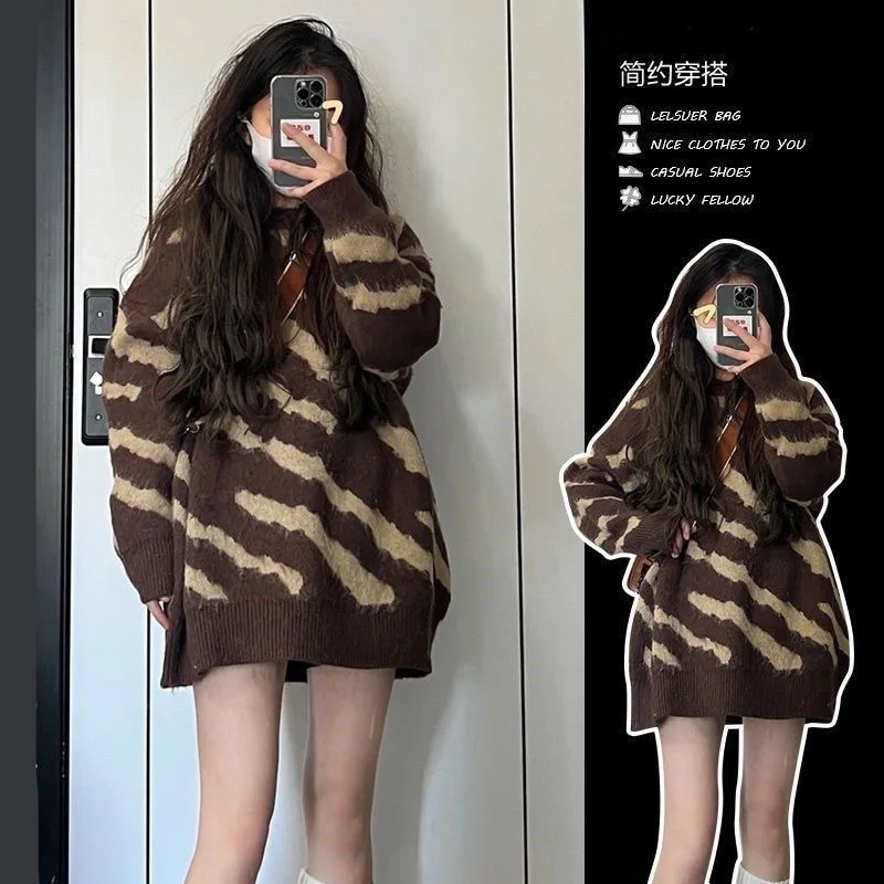 Zebra-stripe Print Pullovers Korean Women Round Collar Knitwear Autumn Winter Y2K Sweaters Loose Jumpers Oversized