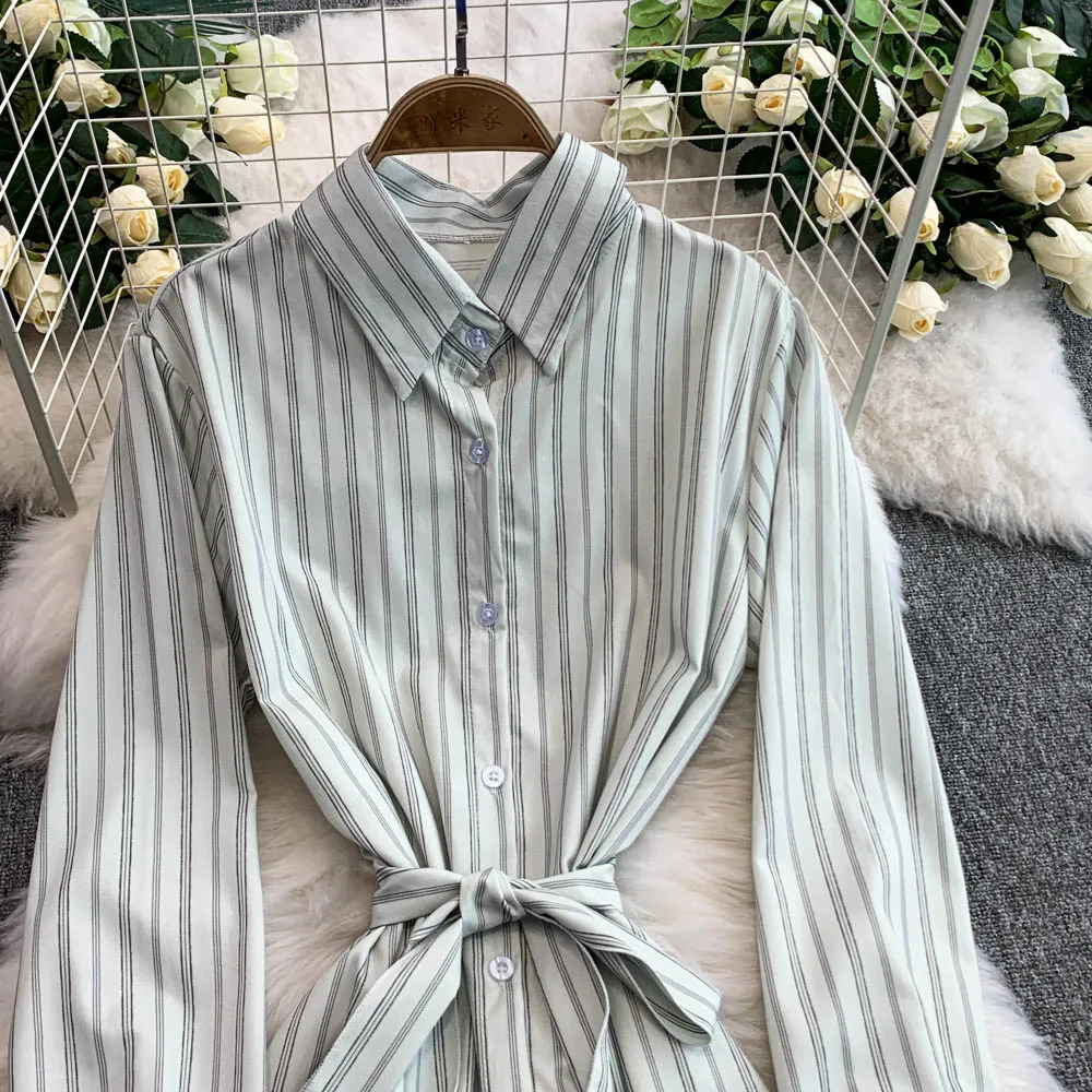 Frauen Vintage Gestreiften Hemd Kleid Frühling Herbst Dünne Große Schaukel A-Line Lose Spitze-Up Lange Einreiher Büro Dame kleider