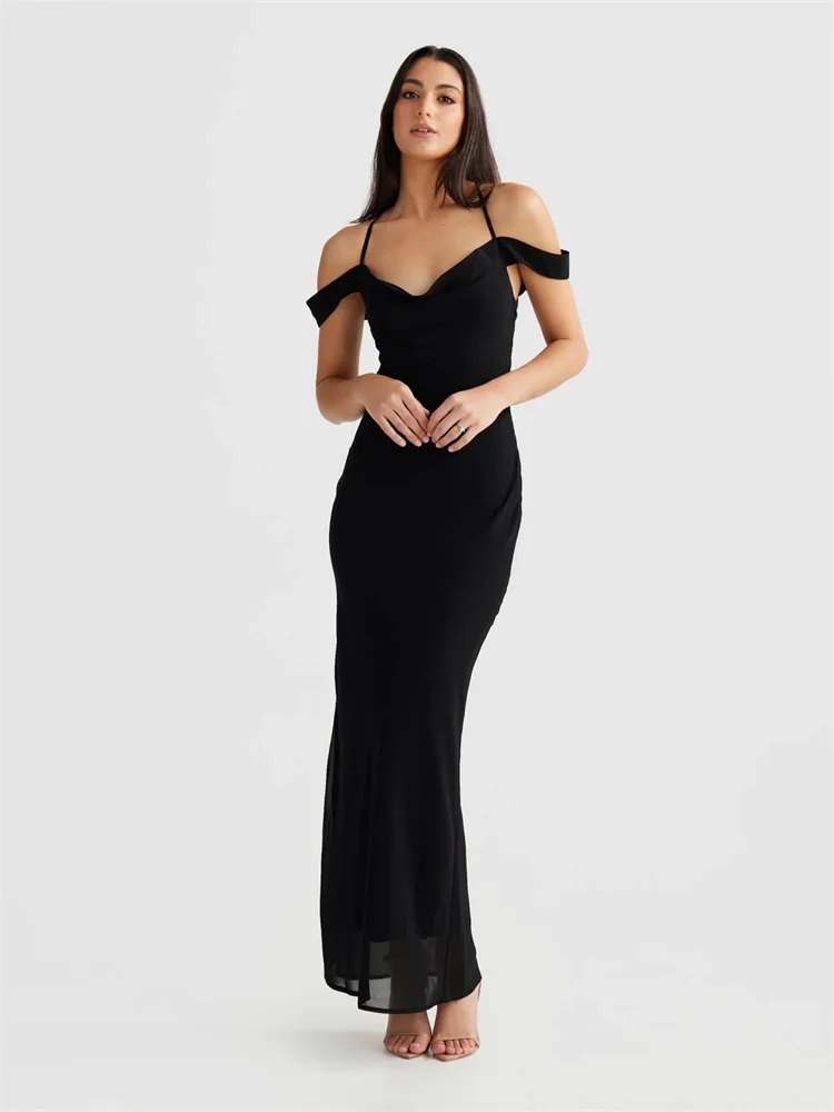 

New Arrival Sheath Off Shoulder Neck Spaghetti Straps Chiffon Evening Dress Elegant Open Back Floor Length Party Gowns for Women