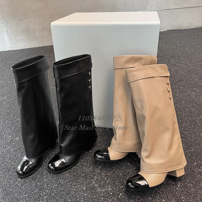 2024 New Color Matching Round Toe Cute Women Boots Splicing Cuffed Metal Buckle Chunky Heel Trouser Boots High Tube Medium Tube