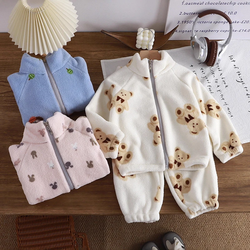 

Cute Children Clothes Bear Print Kids Fleece Set Winter Warm Korean Style Boys Girls Loungewear 2 Piece Outfit