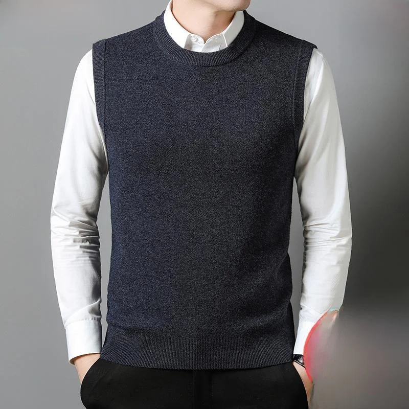 

Мужской жилет из чистого кашемира: весна-осень-зима, тонкая вязка, повседневный, без рукавов, с круглым вырезом, шерстяной жилет-свитер в деловом повседневном стиле