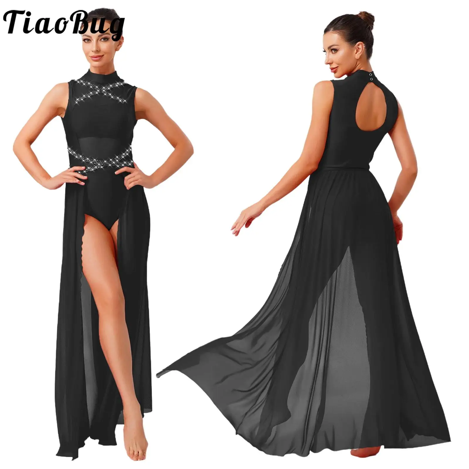 

Women Bodysuit Ballet Modern Dance Dress Sleeveless Rhinestones Flowy Split Mesh Lyric Dance Dress for Stage Performance Dancing