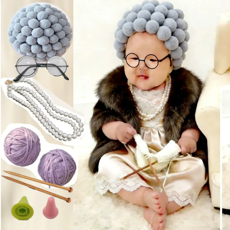 

Набор из 9 предметов: Вязаный костюм бабушки для новорожденных, тематический реквизит для фотосессии, вязаный парик для фотосъемки новорожденных на 100-й день жизни