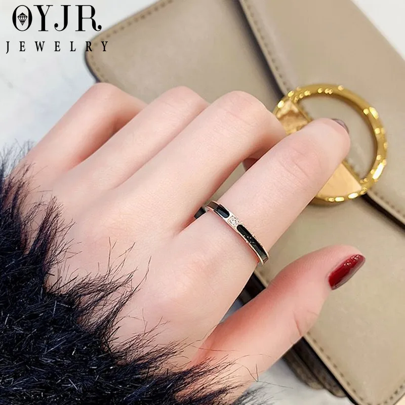 

OYJR Classic Luxury Black Side Ring Symbol of Only Love Ring Zircon Rose Gold Color Brand Rings for Women Couple Stainless Steel