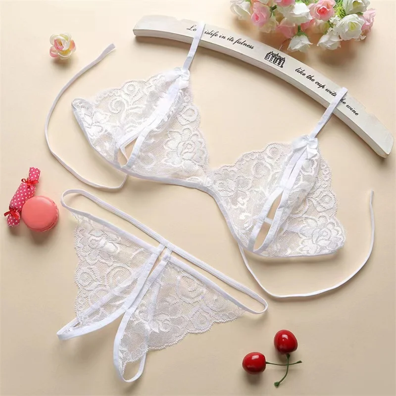 

Sexy Lace-up Lingerie Set Women Hot Exotic Open Crotch Transparent Underwear G-string Bandage Bikini Three-point Set