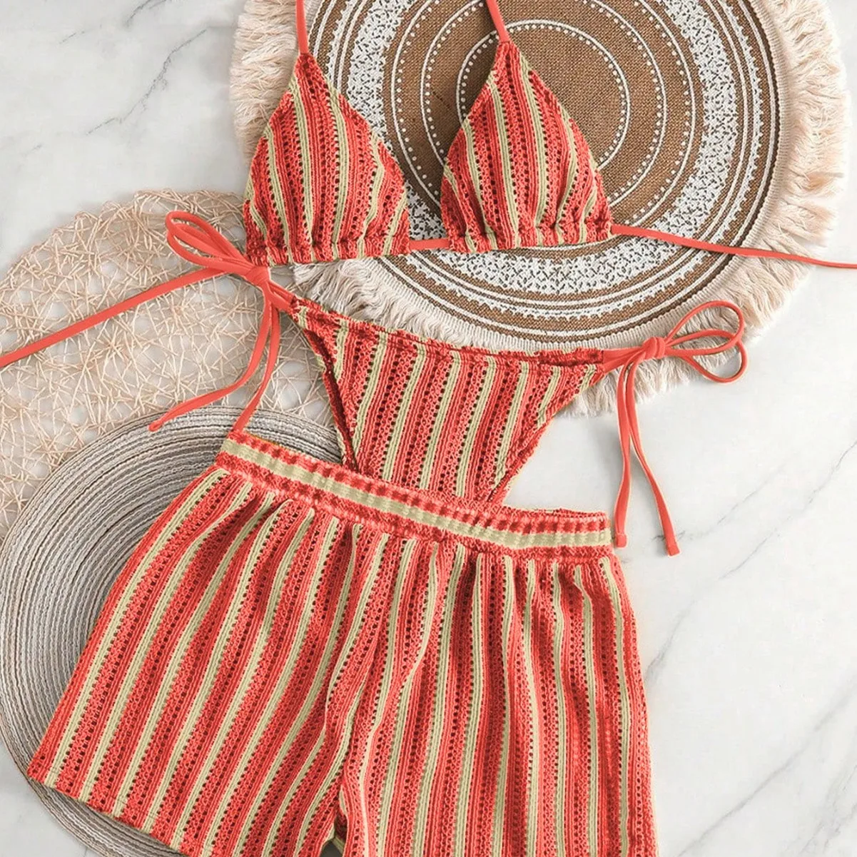 Swimsuit, knitted mesh striped split, boxers, sexy woven bohemian, bikini three-piece set