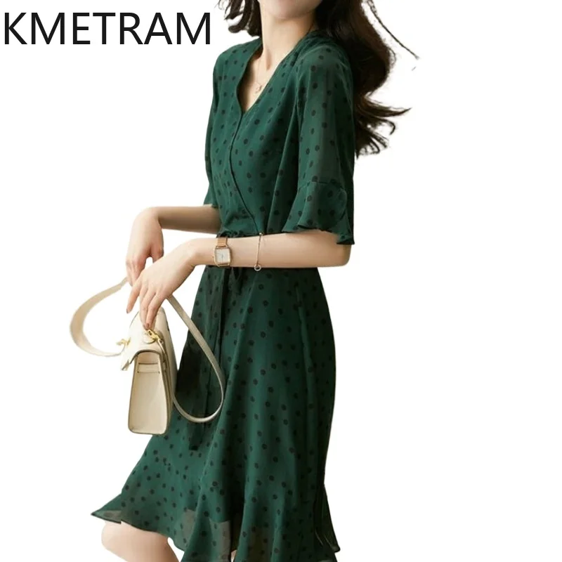 

KMETRAM Luxury Dress Women 2024 High Quality Summer Mid-long Mulberry Silk Dresses Green Polka Dots Women's Clothing New فستان