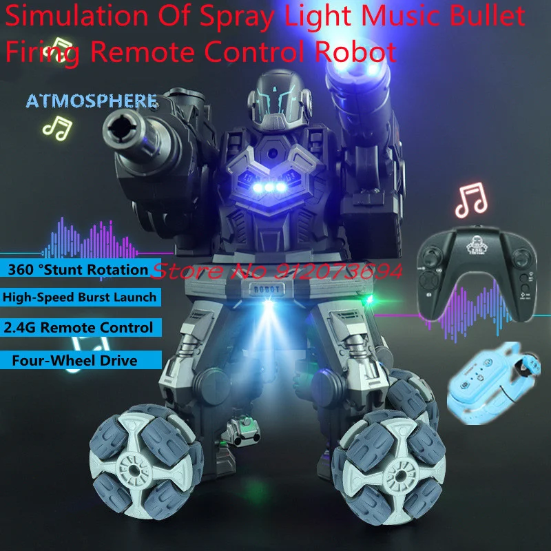 Simulated Spray Launching Water Bomb Remote Control Robot Toy 2.4G Lighting Music 360 ° Rotation Multiplayer Combat RC Robot Toy