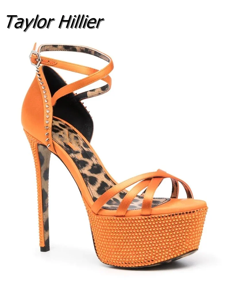 Leopard Print Diamonds Orange Sandals Platform Heels Wedding Shoes Sandals Women 2022 Pole Dance Shoesmodern Heels Platform Shoe