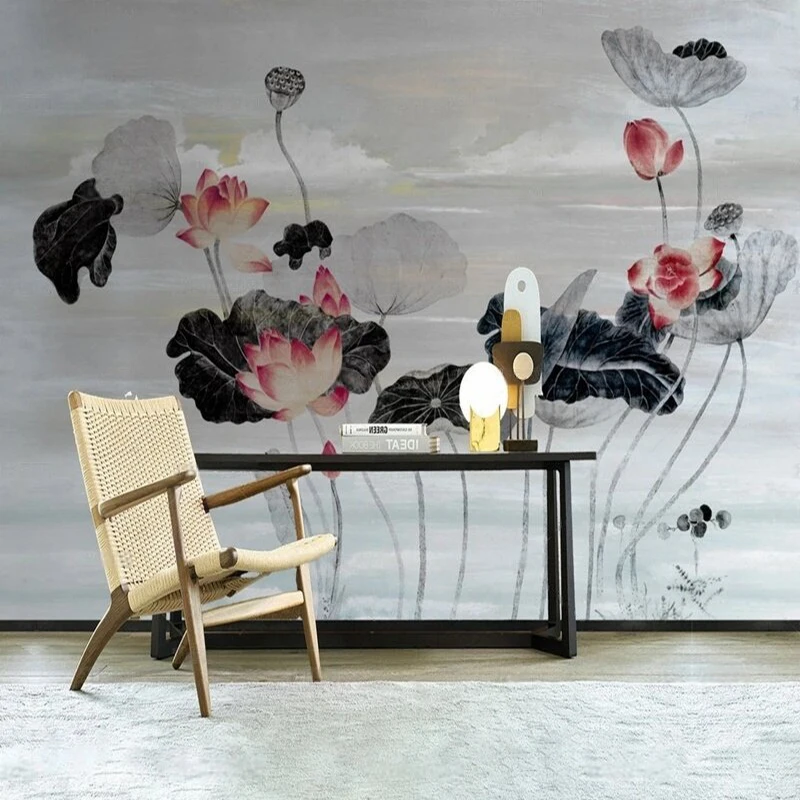 Modern simple and high-end ink-wash lotus light color picture TV luxury home decoration bedroom background wall
