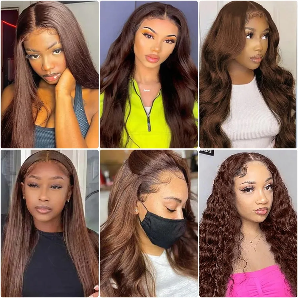 # 4 チョコレートブラウンストレートレースフロントウィッグ 13 × 6 透明レースフロントウィッグ事前摘み取られたブラジル人 100% 人毛ウィッグ 200%