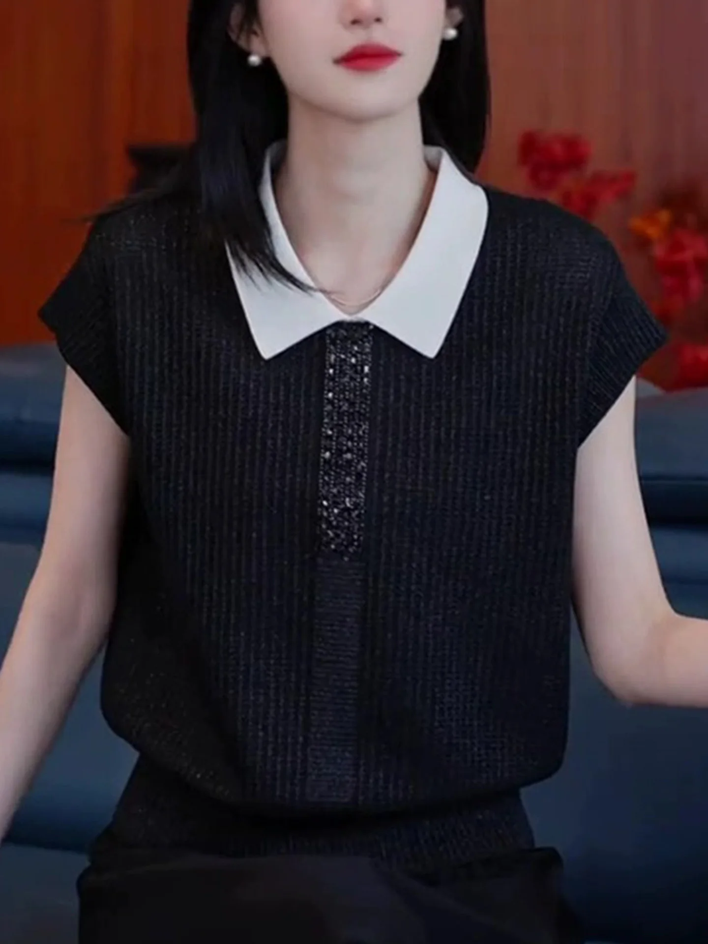 

Ele Diamond Embedded Ice Silk Knitted Top ort Sve Commute Faionable Simple Sle Summer Women's Loose Fit Knitwear