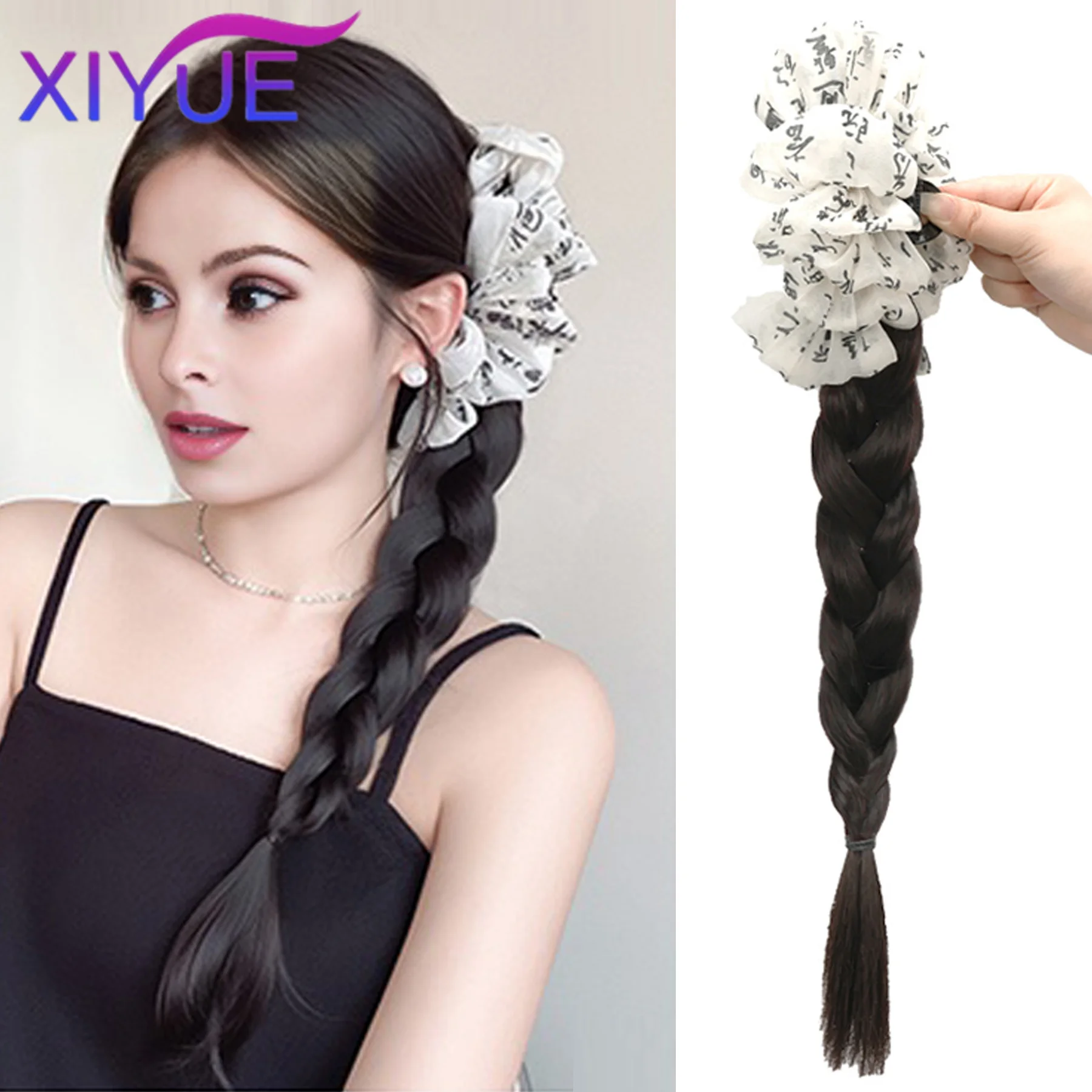 

XIYUE Wig Braid Female Fried Dough Twists Braid Ballet Style Natural Sweet Ribbon Clip Double Braid Ponytail Wig