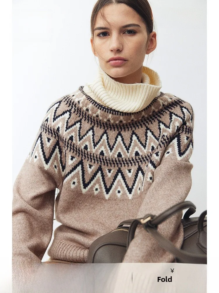 

H & M Осенний вязаный свитер с высоким воротником и вышивкой, длинный свек обычной длины, полиэстер, акрил, нейлон, шерсть, женский топ