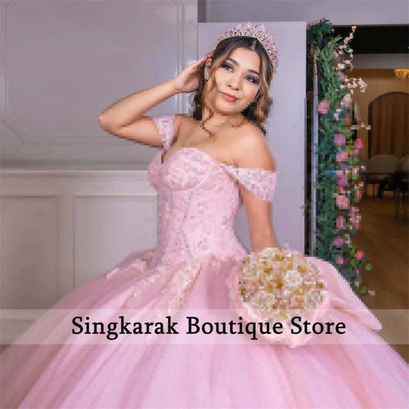 Nieuwe Roze Prinses Sweet 16 Baljurk Quinceañera Jurken Off Shoulder Kralen Kristallen Kanten Appliques Vestido De 15 Anos