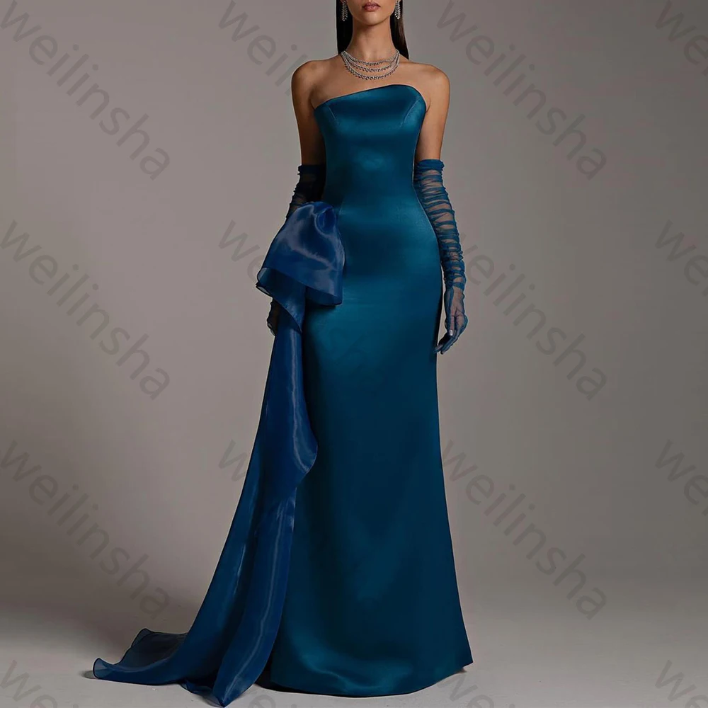

Exquisite Navy Blue Strapless Evening Dresses with Gloves Sleeves Dress High Quality Sexy Prom Party Gowns for Women Customized