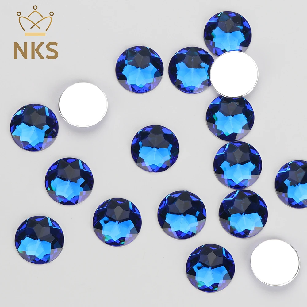 NKS-diamantes de imitación redondos de 10, 12, 14, 16, 20, 25 y 30mm, gemas acrílicas de espalda plana, piedras de cristal, pegamento en diamantes de imitación para ropa DIY