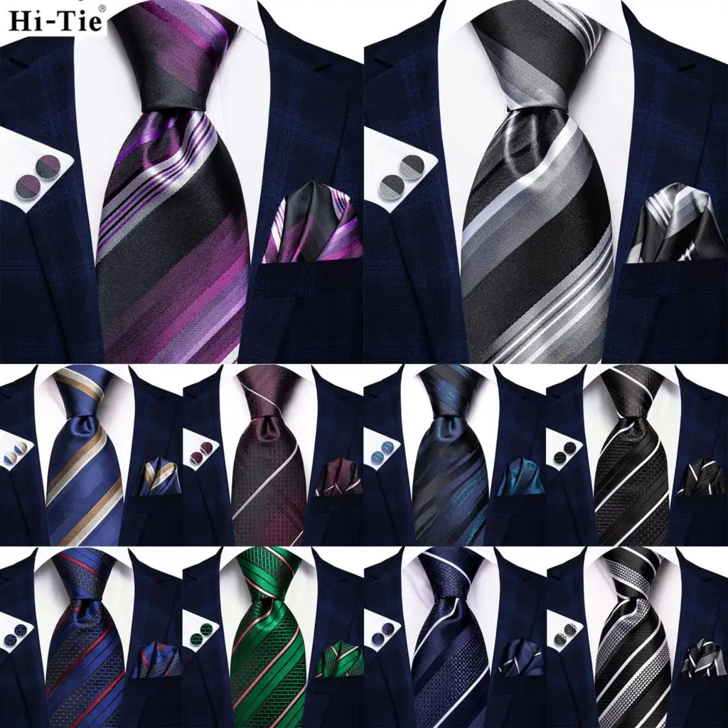 Purple Black Striped Silk Wedding Tie For Men Handky Cufflink Necktie Fashion Business Party Dropshiping Hi-Tie Designer