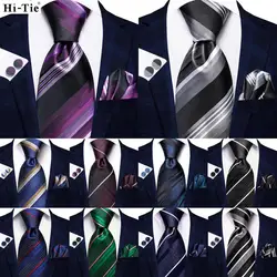 Corbata de seda a rayas para hombres, corbata de boda a la moda, mancuerna a mano, fiesta de negocios, diseño de hi-tie, púrpura y negro