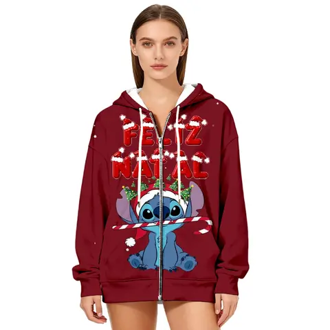 Women's Winter Oversized Zip-Up Hoodie Cute Stitch Feliz Natal Christmas Print Y2K Streetwear Fashion Hooded Sweatshirt
