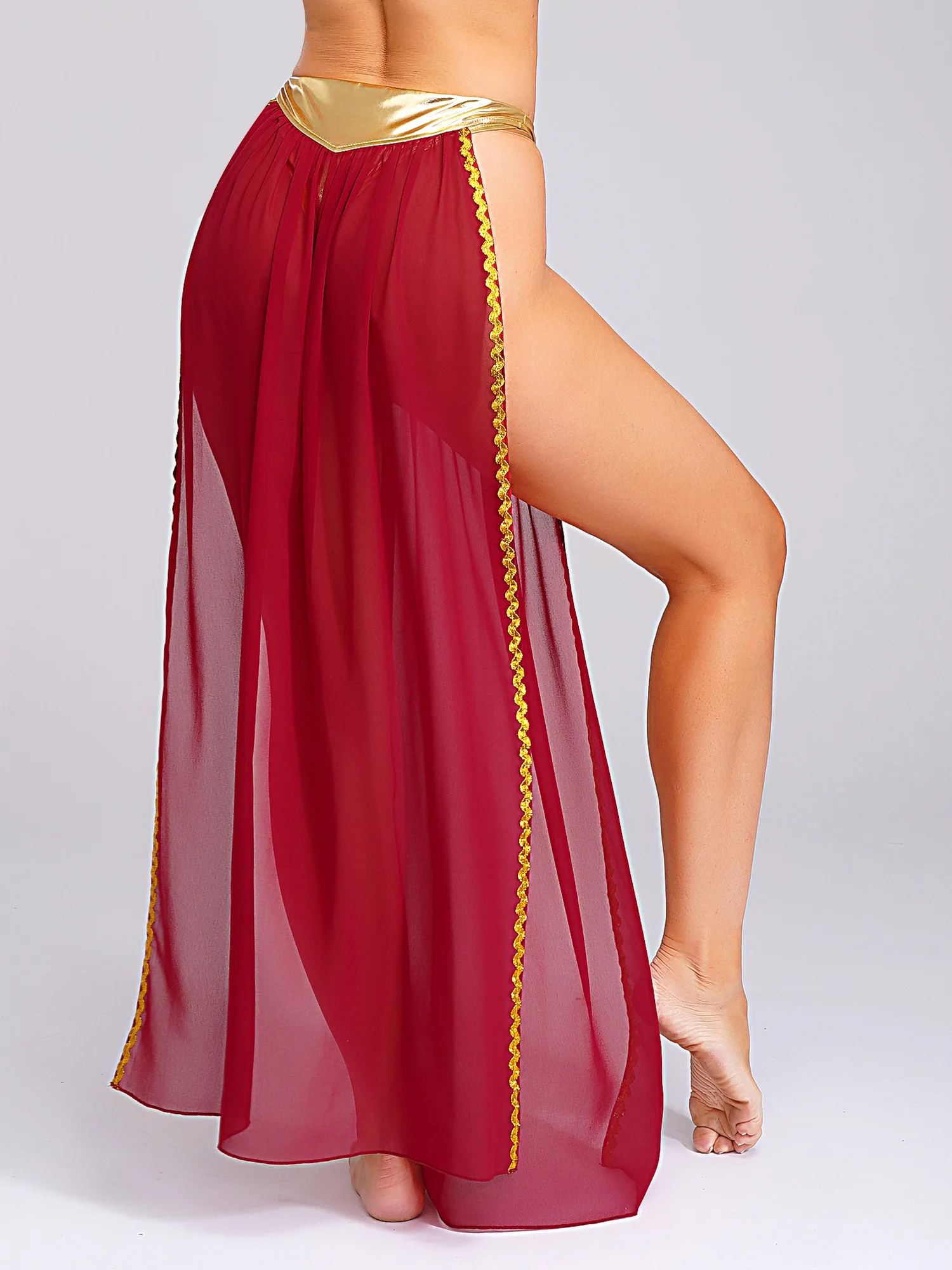 Saia feminina para cosplay da rainha egípcia antiga, cuecas metálicas brilhantes com saia de chiffon, acabamentos dourados, saia com fenda lateral para o dia das bruxas