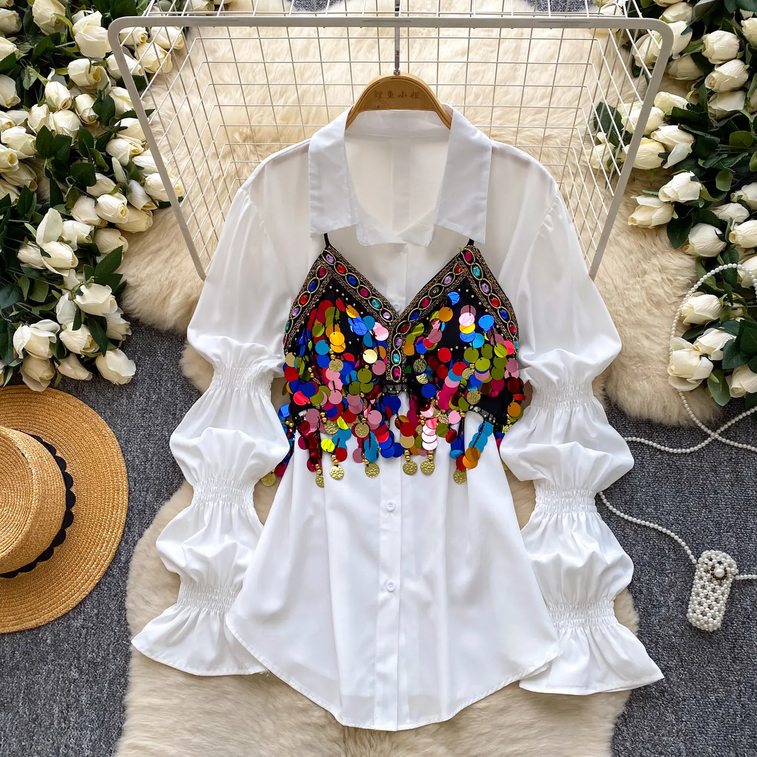 

Two Pieces Women Shirts Sequined Blouses V Neck Camisole Single Breasted Lantern Sleeves Shirt Slight Strech Casual 2026 Spring