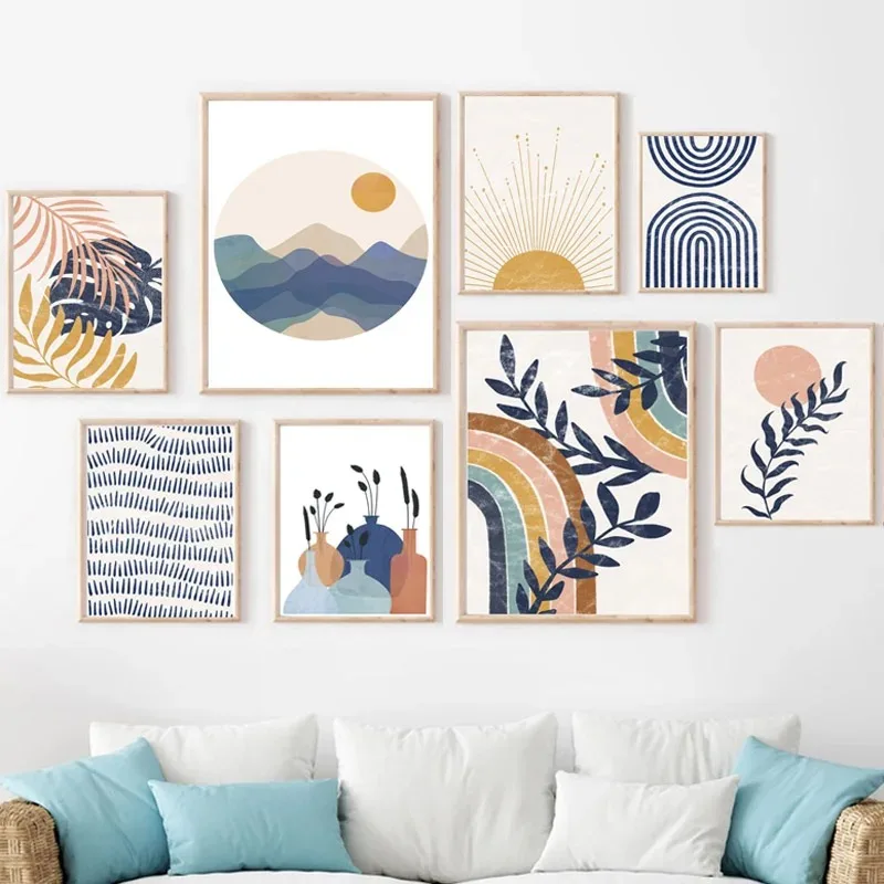 

Bohemian Sun Rainbow Leaves Lines Abstract Posters and Prints Wall Art Canvas Painting Picture Bedroom Living Room Gallery Decor