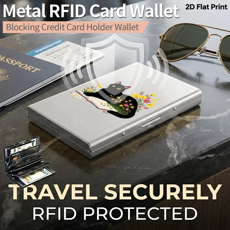 

Металлический держатель для карт с защитой от RFID и рисунком черной кошки, ультратонкий защитный чехол для кредитных карт от кражи, матовая металлическая стенка с боковым отверстием.