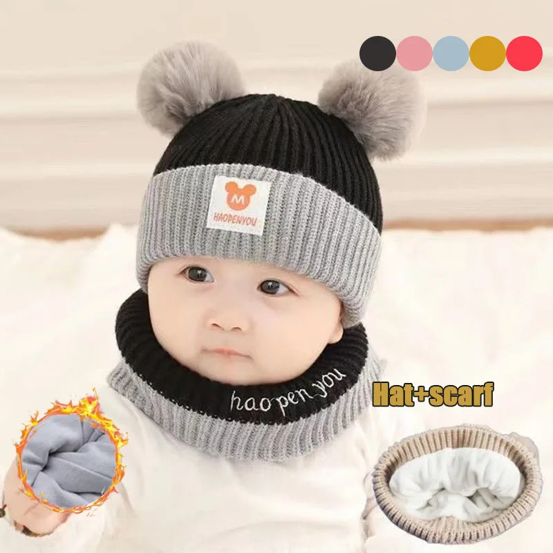 1-5PCS Kids Winter Hat Scarf Combo Fleece Lined Knit Earflap Cap for 1-3 Years Boys Girls Outdoor Play Commute Gift