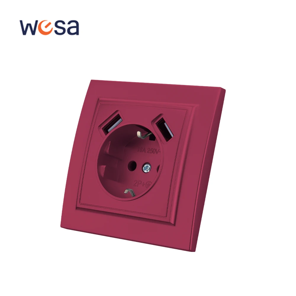 

WESA Red Double USB Power Wall Sockets 2.1A EU Standard Electrical Outlett Standard Ground Plugs Socket Flame Retardant Plastic