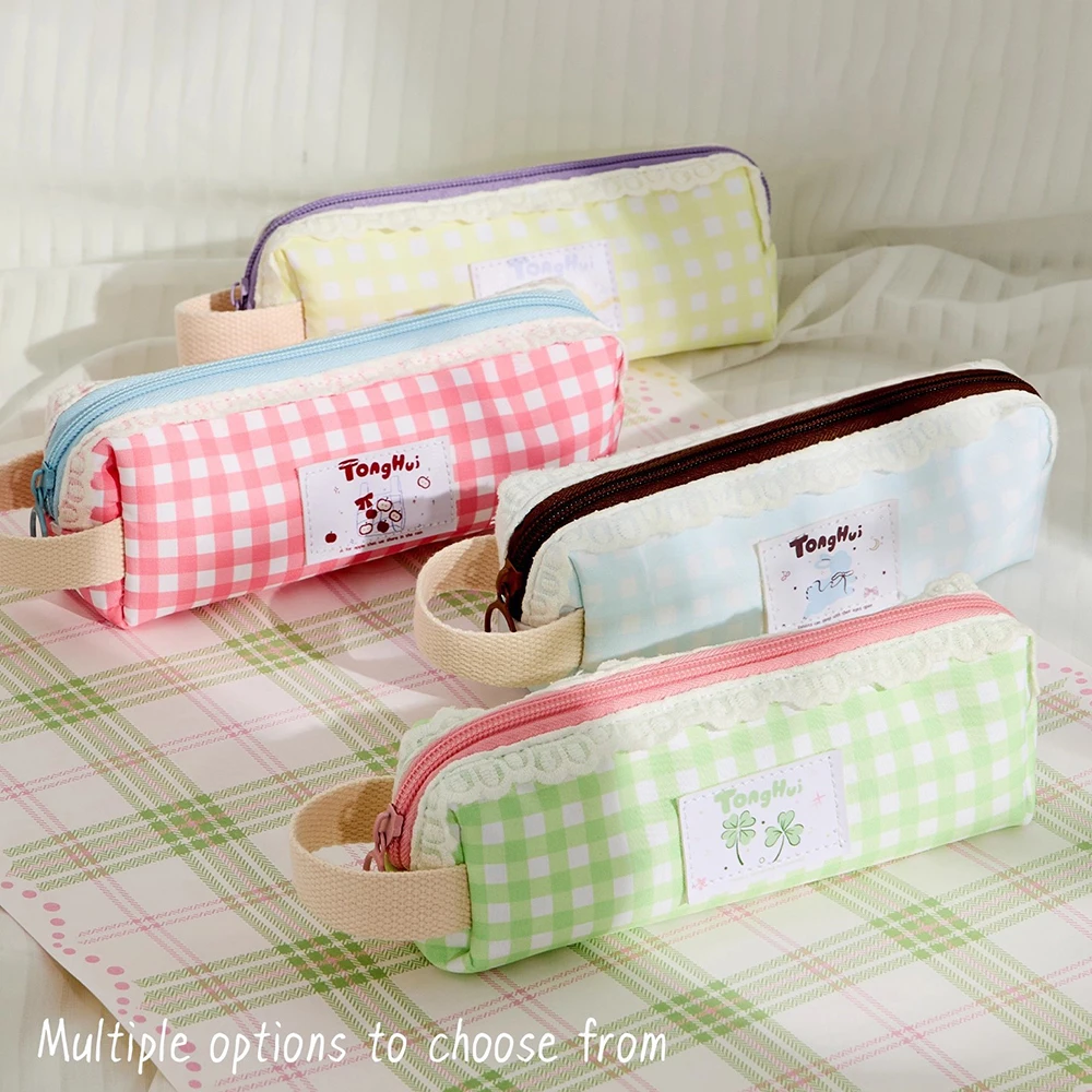 Jolie trousse à crayons en dentelle dopamine avec un appel esthétique élevé, style Instagram, rangement de papeterie pour étudiantes