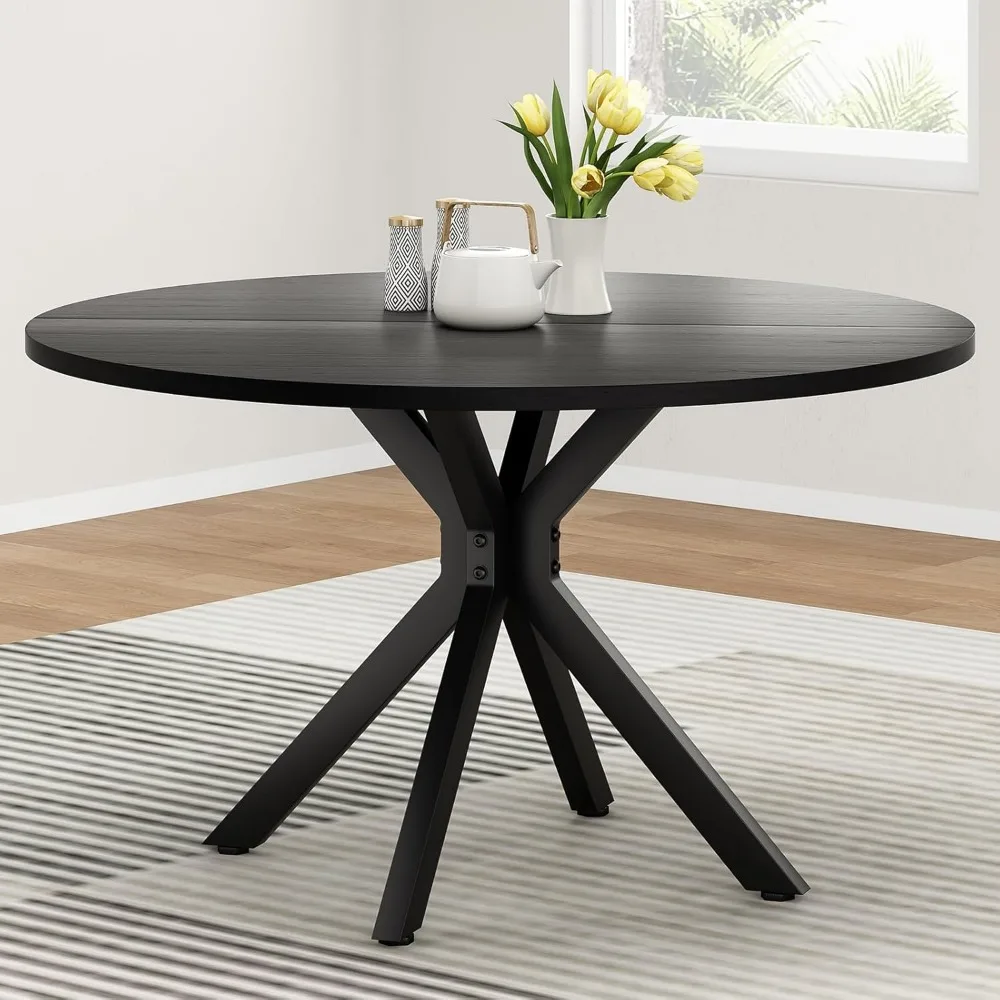 

47.2" Round Dining Kitchen Table for 4-6 People, Wood Tabletop with Metal Pedestal Base