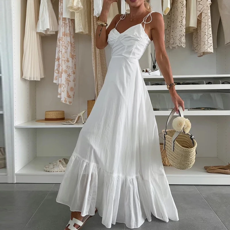 보헤미안 휴가 여름 드레스 스윗 솔리드 컬러 보우 서스펜더 파티 드레스 섹시 여성 오프숄더 하이웨이스트 스윙 롱 드레스