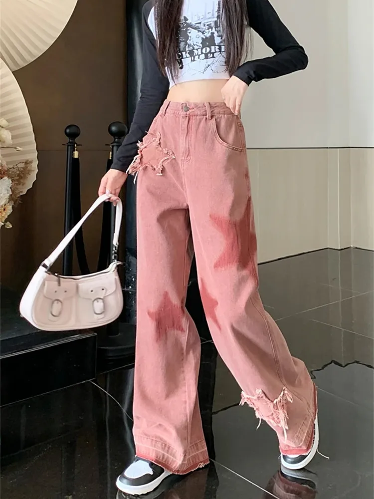 2023 Korean Y2K Fashion Star Embroidery Baggy Stacked Jeans Pants For Women Clothes High Waist Straight Vintage Lady Trousers