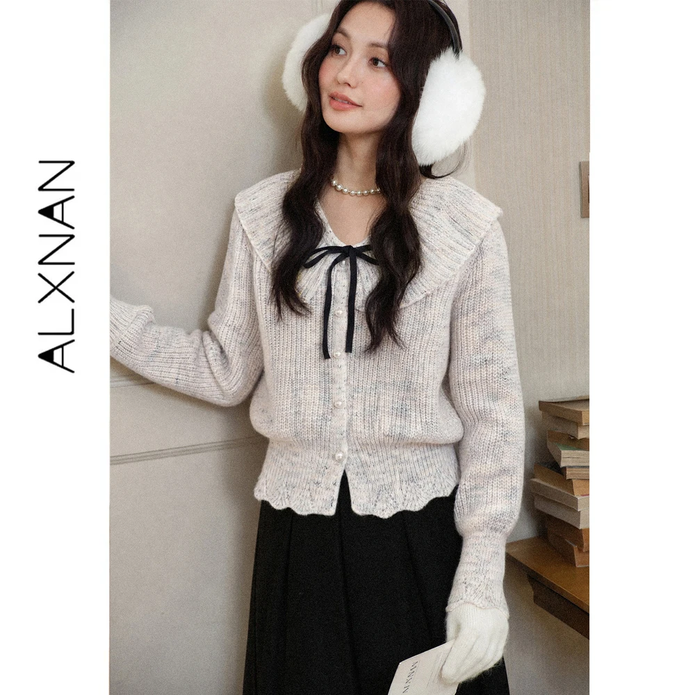 ALXNAN Light Grey Knit Cardigan for Women 2026 Autumn Peter Pan Collar Ruffle Sweater Elegant Sweet Female Knit Top L683207A