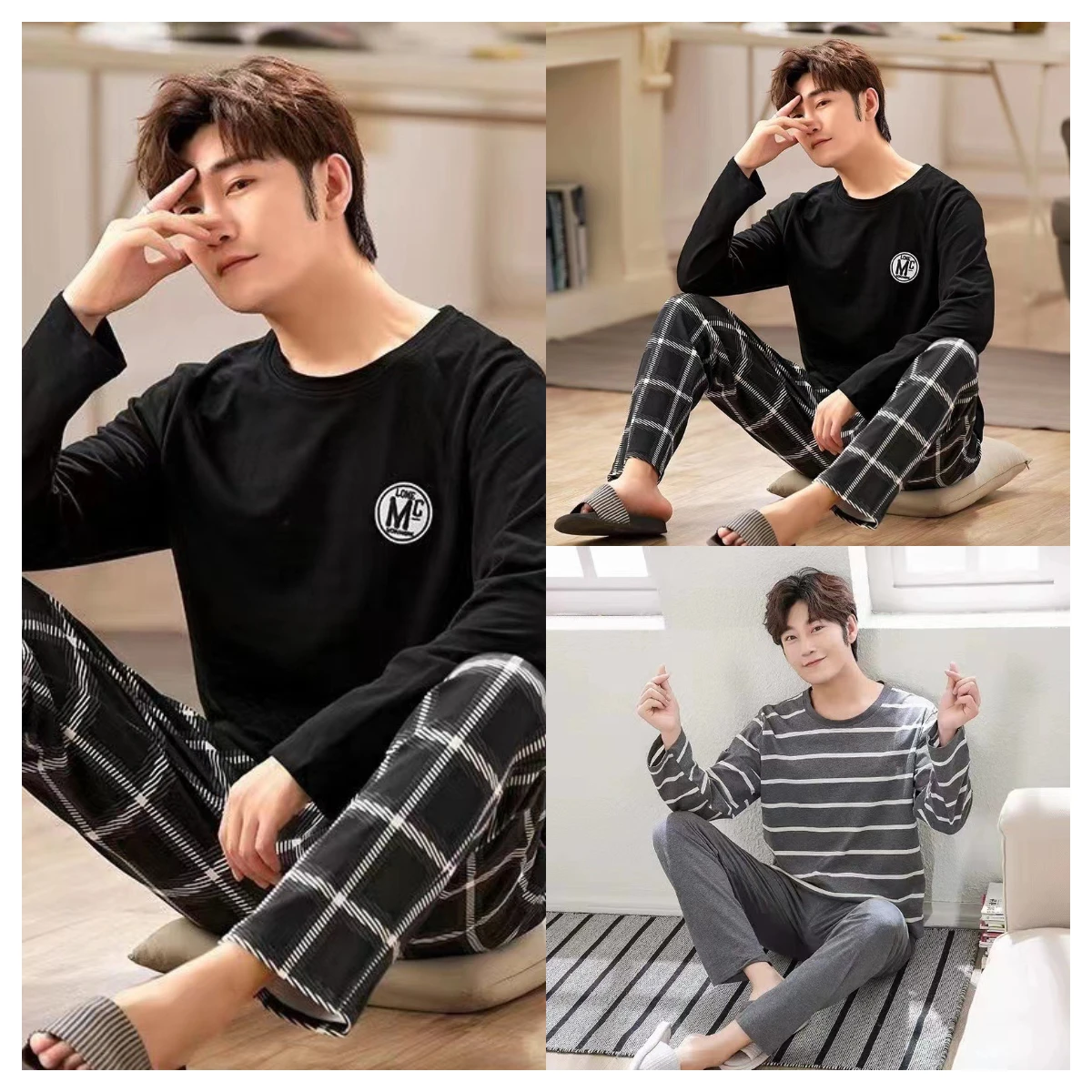 Summer Men\'s Pyjamas 2024 New Long-Sleeved Large Size Youth Home Wear Suit Black Plaid Trousers Two-Piece Set Can Be Worn Outsid