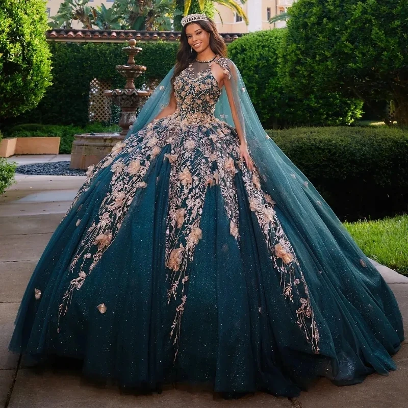 

Blackish Green Shiny Ball Gown Quinceanera Dress Tulle Appliques Lace Flowers Beads With Cape Sweet 15 16 Birthday Party Formal