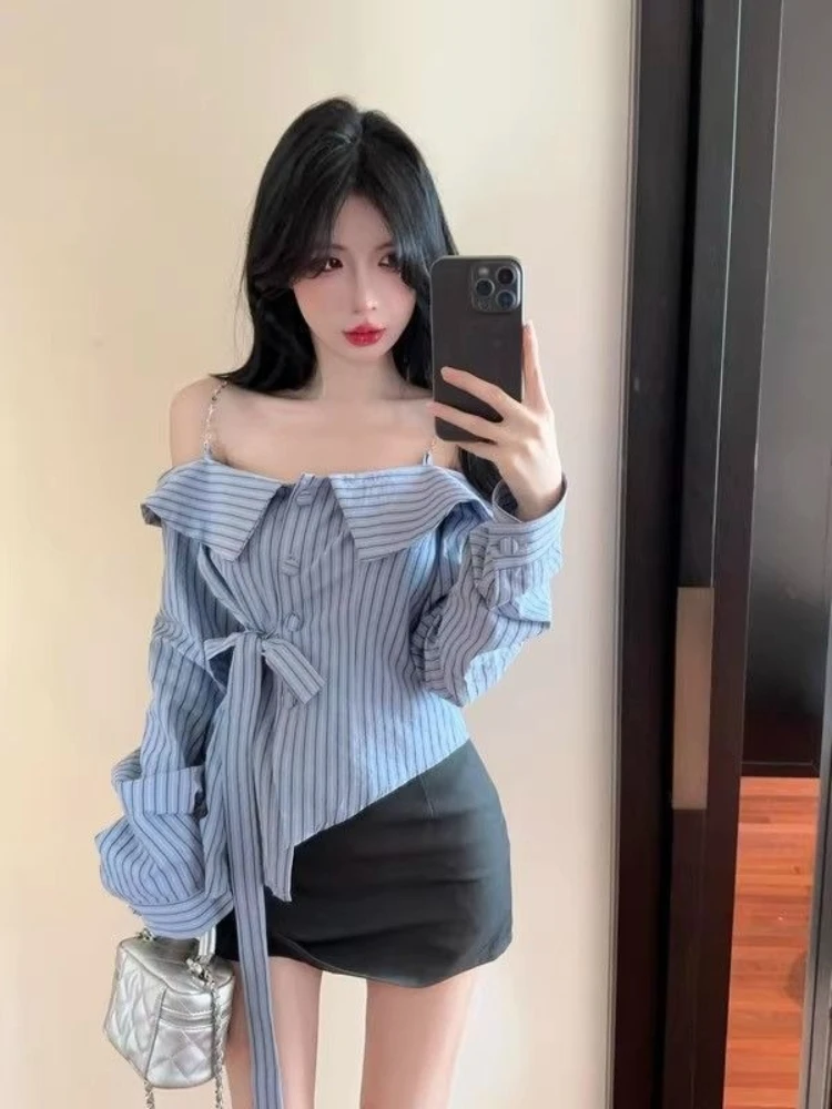 

Women's Blue Chain Strap Off Shoulder Shirt Striped Slim Fit Top for Autumn Trendy Design Blouse​