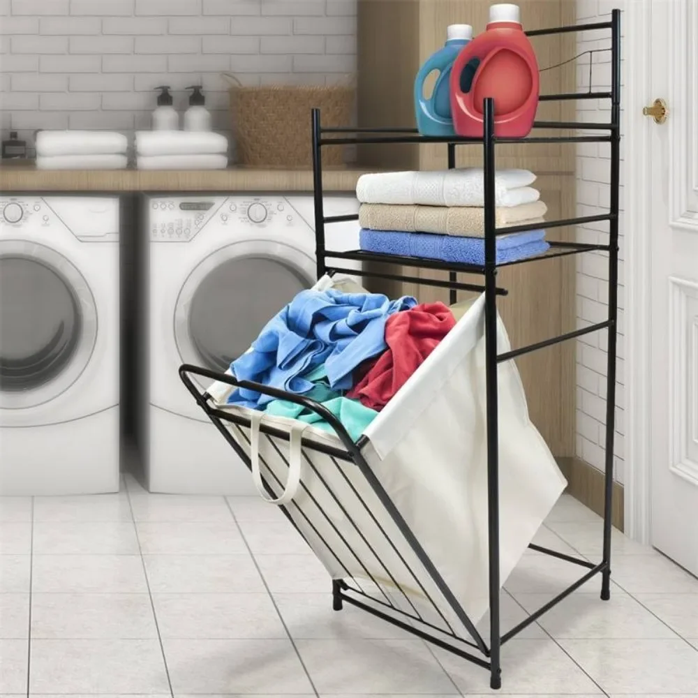 Mir à linge inclinable avec étagère de rangement à 2 niveaux, panier à linge sale, permettant de gagner de l'espace