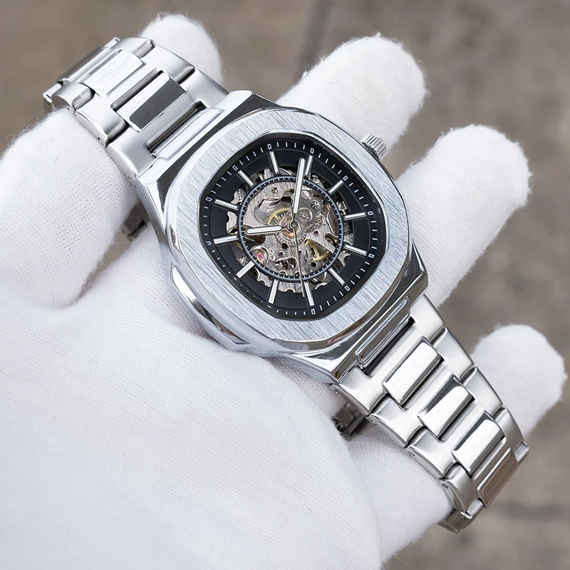 Мужские роскошные часы-браслет с квадратным циферблатом со скелетом, автоматические механические часы, модные деловые часы для мужчин