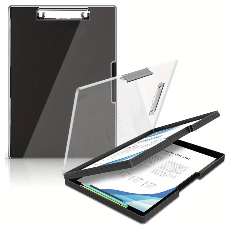 

1 Pc Black Clipboard with Storage with 2 Storage Boxes Heavy Duty Clear Visible Top Panel To Store Clipboard Side Opening