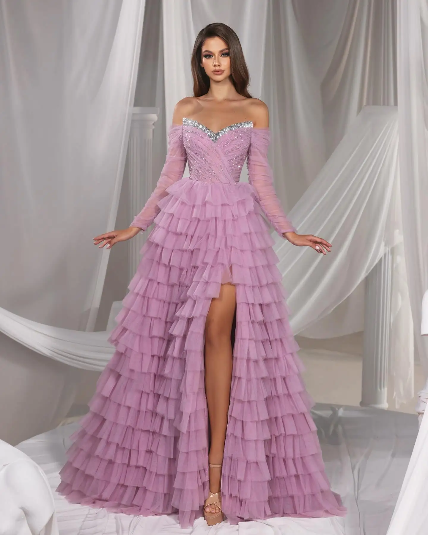 Bling Bling Pink Fluffy Tiered Tulle Long Women Dresses To Formal Party Beaded See Thru Sleeves Split Maxi Gowns Bridal Dress